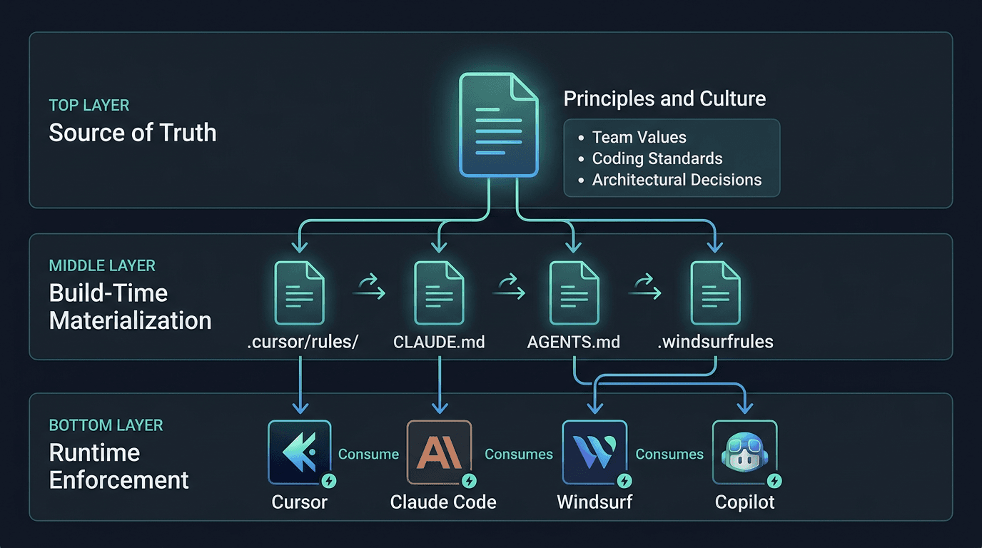 Three-layer governance architecture: Source of Truth (Principles and Culture) at top, Build-Time Materialization (Cursor rules, CLAUDE.md, AGENTS.md, Windsurfrules) in the middle, and Runtime Enforcement (Cursor, Claude Code, Windsurf, Copilot) at the bottom.