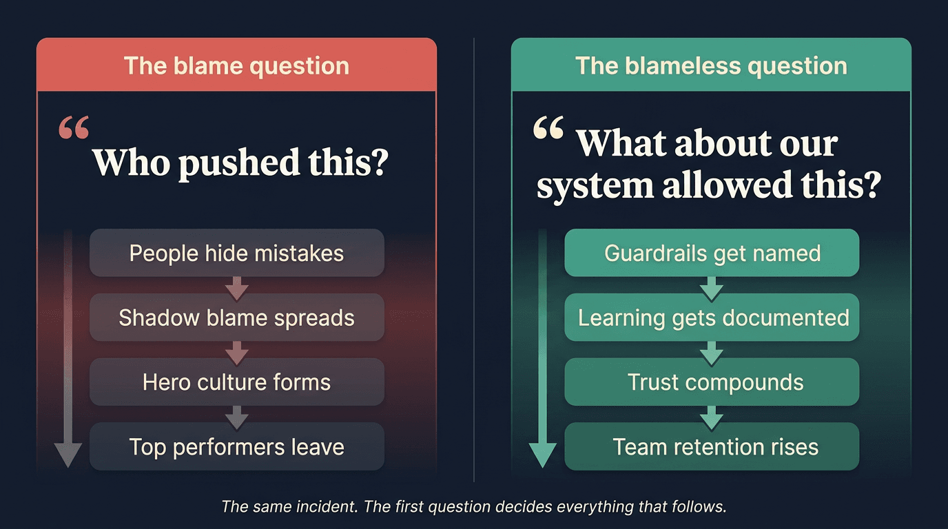 Split diagram titled 'Two first questions after an incident.' Left side shows the blame question 'Who pushed this?' in warm red leading to negative outcomes: people hide, shadow blame forms, hero culture takes over, top performers leave. Right side shows the blameless question 'What about our system allowed this?' in warm green leading to positive outcomes: guardrails get named, learning is documented, trust compounds, team retention rises. Footer reads: The same incident. The first question decides everything that follows.
