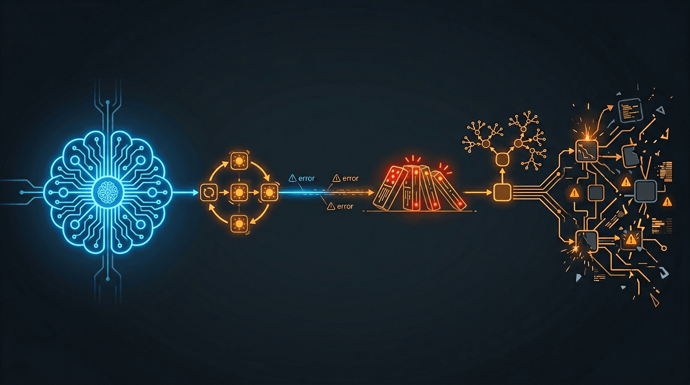AI system transitioning from healthy operation through retry loops, cascading failures, and recursive work creation to system overload