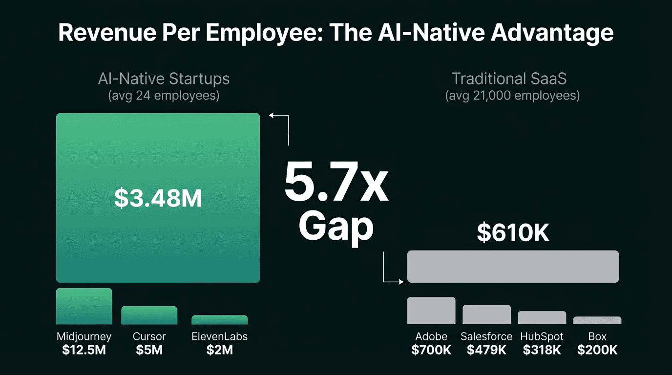 Revenue Per Employee comparison: AI-native startups average $3.48M per employee with teams of 24 people, while traditional SaaS companies average $610K with teams of 21,000 - a 5.7x gap.