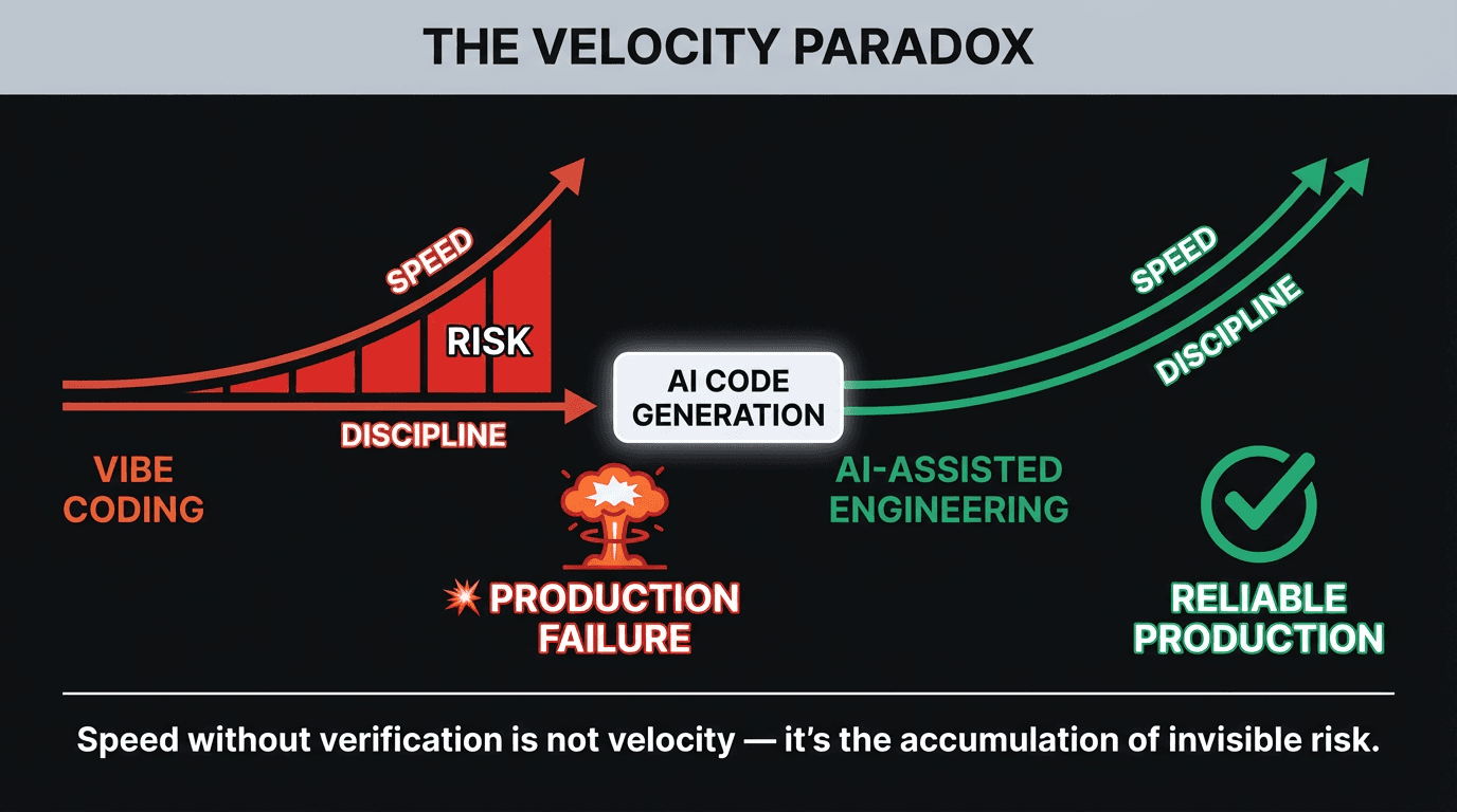 Diagram showing two diverging paths from AI code generation. Vibe coding path: speed outpaces discipline, creating a growing risk gap that ends in production failure. AI-assisted engineering path: speed and discipline rise together, leading to reliable production.