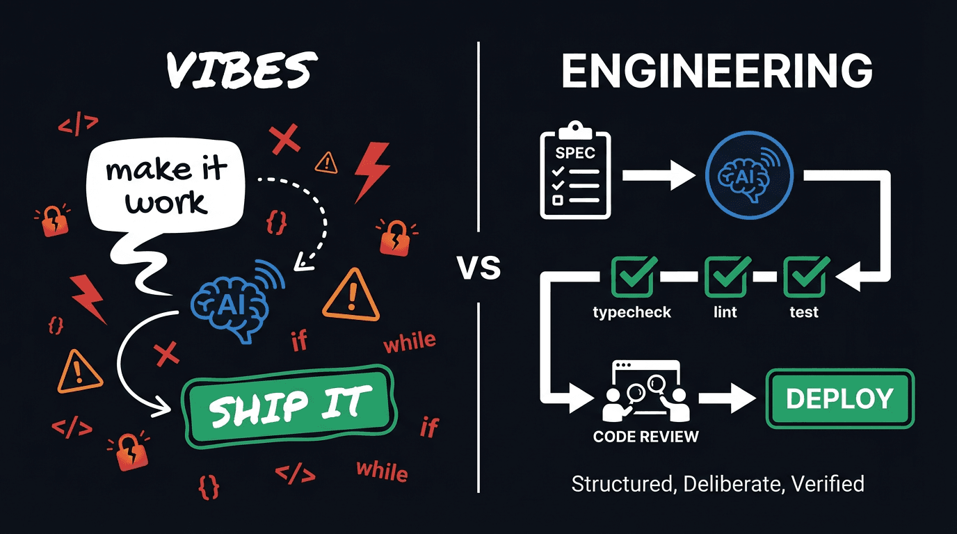 Split diagram comparing Vibe Coding and Engineering. Left side shows a chaotic path from 'make it work' through AI to 'ship it' surrounded by warning icons. Right side shows a structured path from Spec through AI to typecheck, lint, test, code review, and deploy.