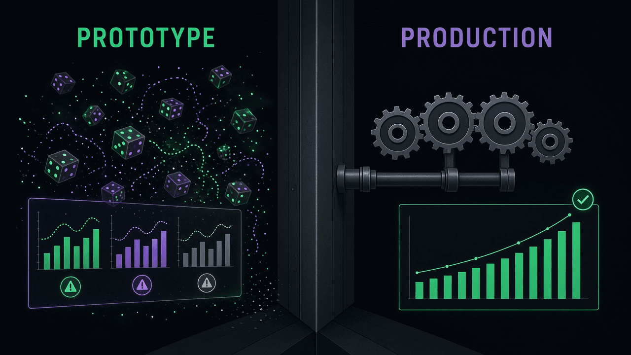 The prototype-to-production wall - a split diagram contrasting a chaotic semantic prototype with an orderly deterministic production system.